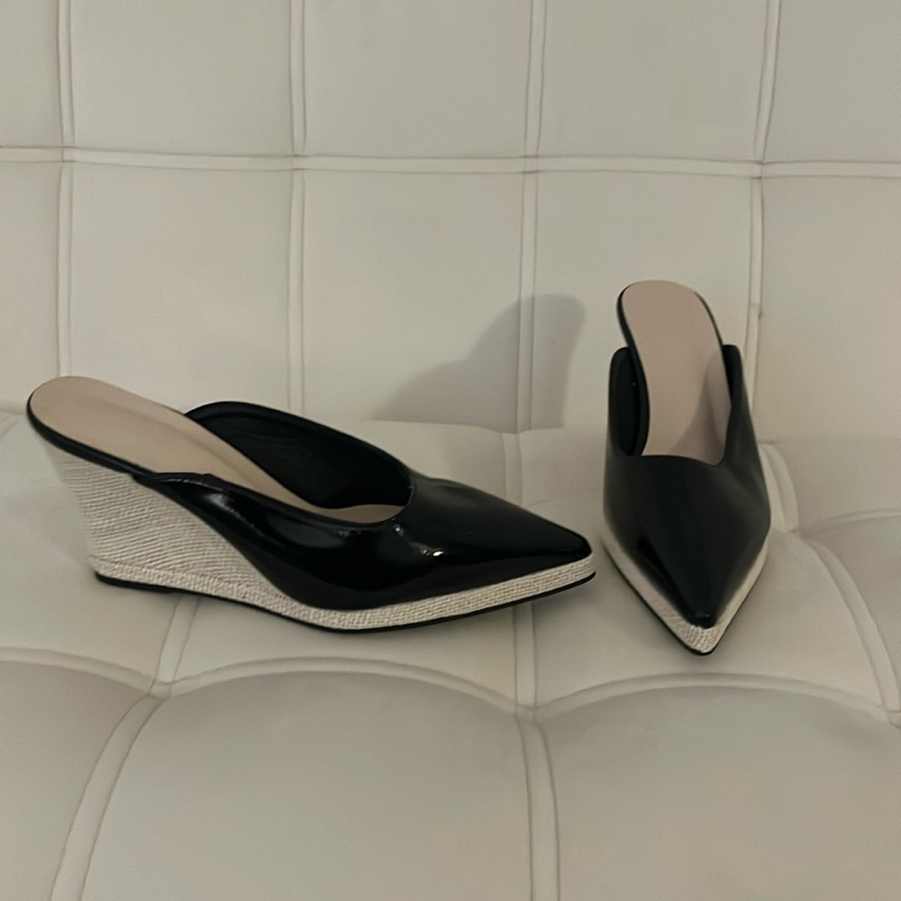 Black Pointed-Toe Wedge Mules